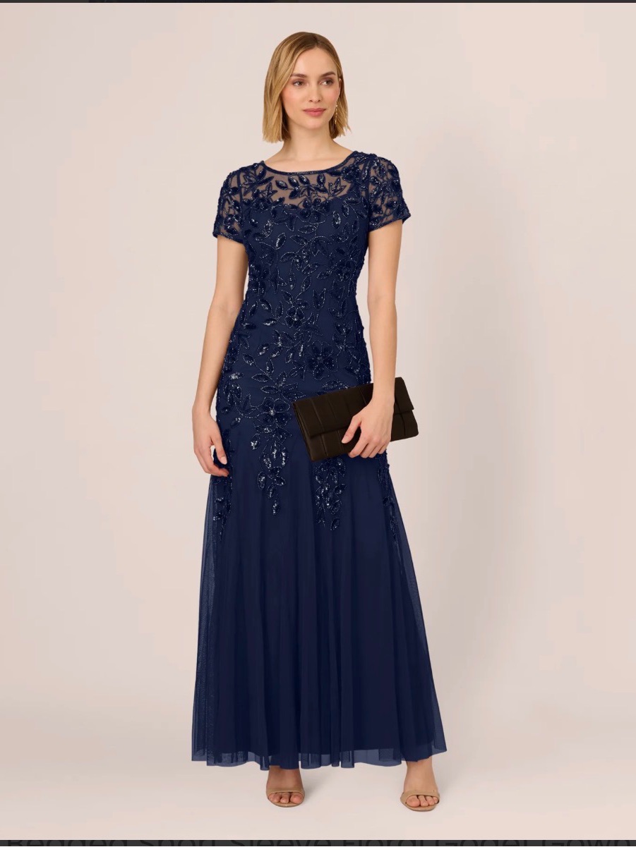 Adrianna Papell Navy Beaded Evening Gown With Floral Godets